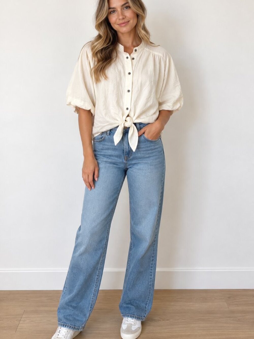 Urban Outfitters Cream Tie-Front Short Sleeve Button-Down